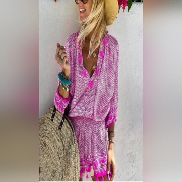 CEZELE  Pink Geometric Bohemian Summer Midi Dress Small - Picture 3 of 17